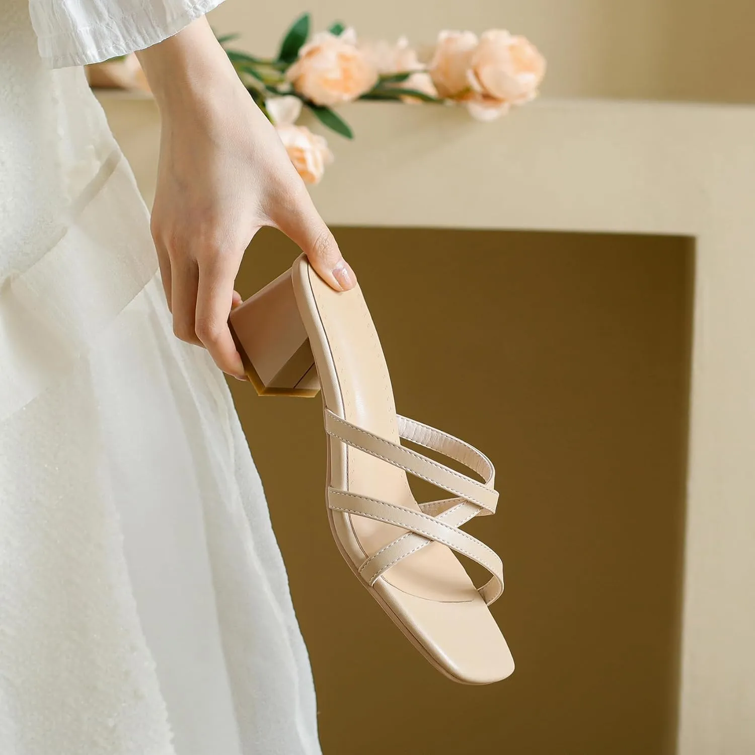 BEAUPAS Square Toe Strappy Heels Chunky Heel Mules Slingback Block Heel Backless Open Toe Slip On Heeled Sandals Slides for Women