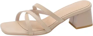 BEAUPAS Square Toe Strappy Heels Chunky Heel Mules Slingback Block Heel Backless Open Toe Slip On Heeled Sandals Slides for Women