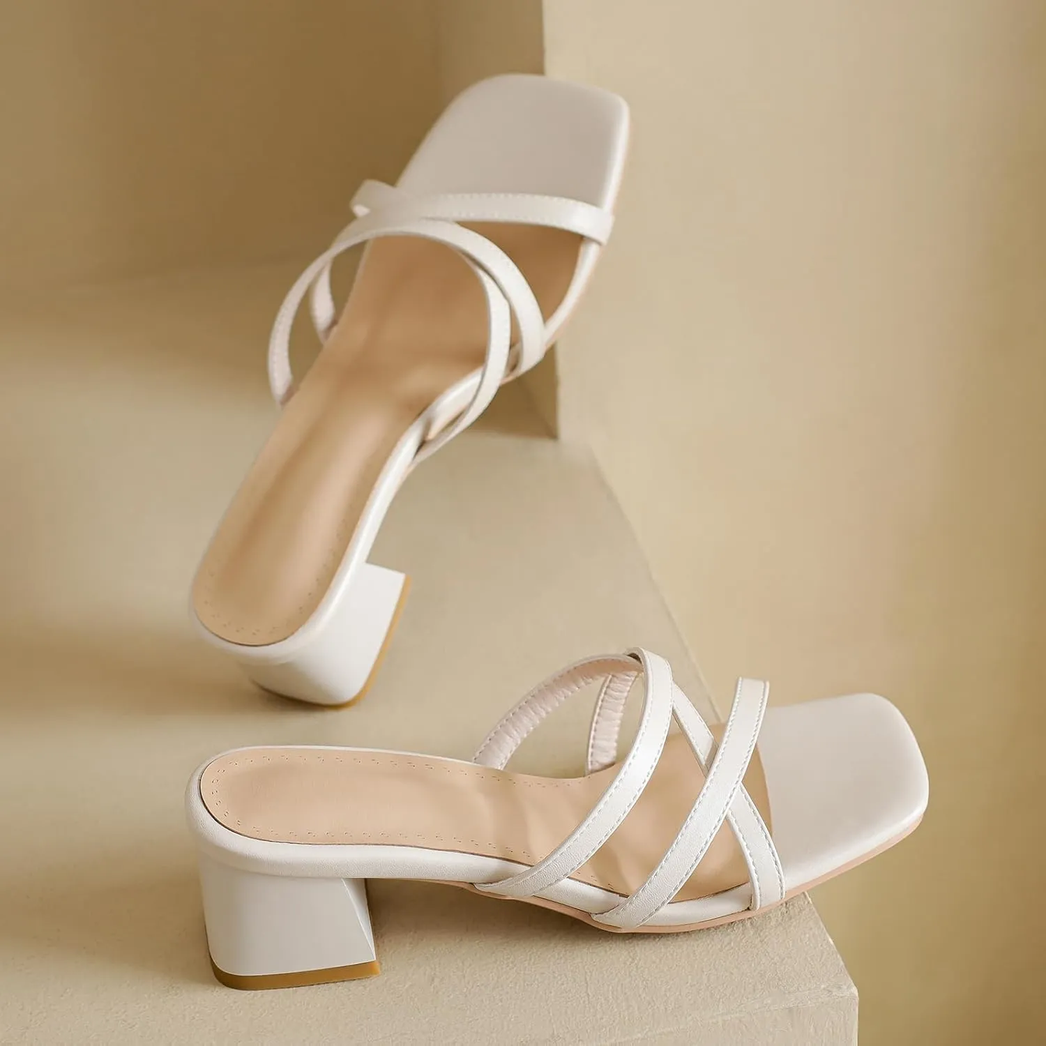 BEAUPAS Square Toe Strappy Heels Chunky Heel Mules Slingback Block Heel Backless Open Toe Slip On Heeled Sandals Slides for Women