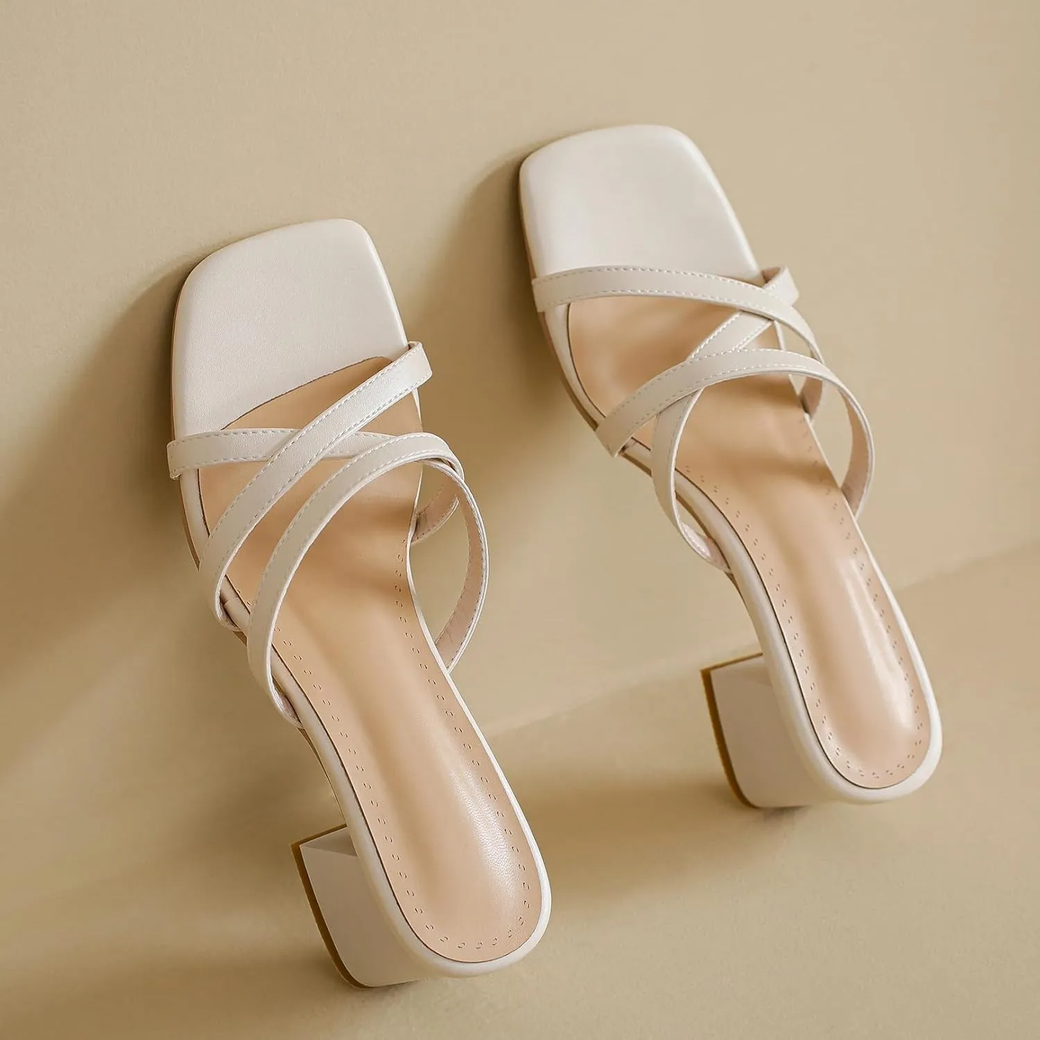 BEAUPAS Square Toe Strappy Heels Chunky Heel Mules Slingback Block Heel Backless Open Toe Slip On Heeled Sandals Slides for Women
