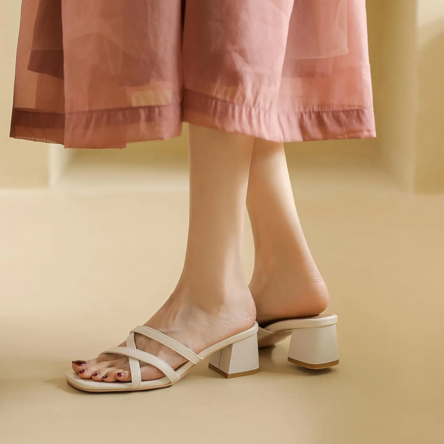 BEAUPAS Square Toe Strappy Heels Chunky Heel Mules Slingback Block Heel Backless Open Toe Slip On Heeled Sandals Slides for Women