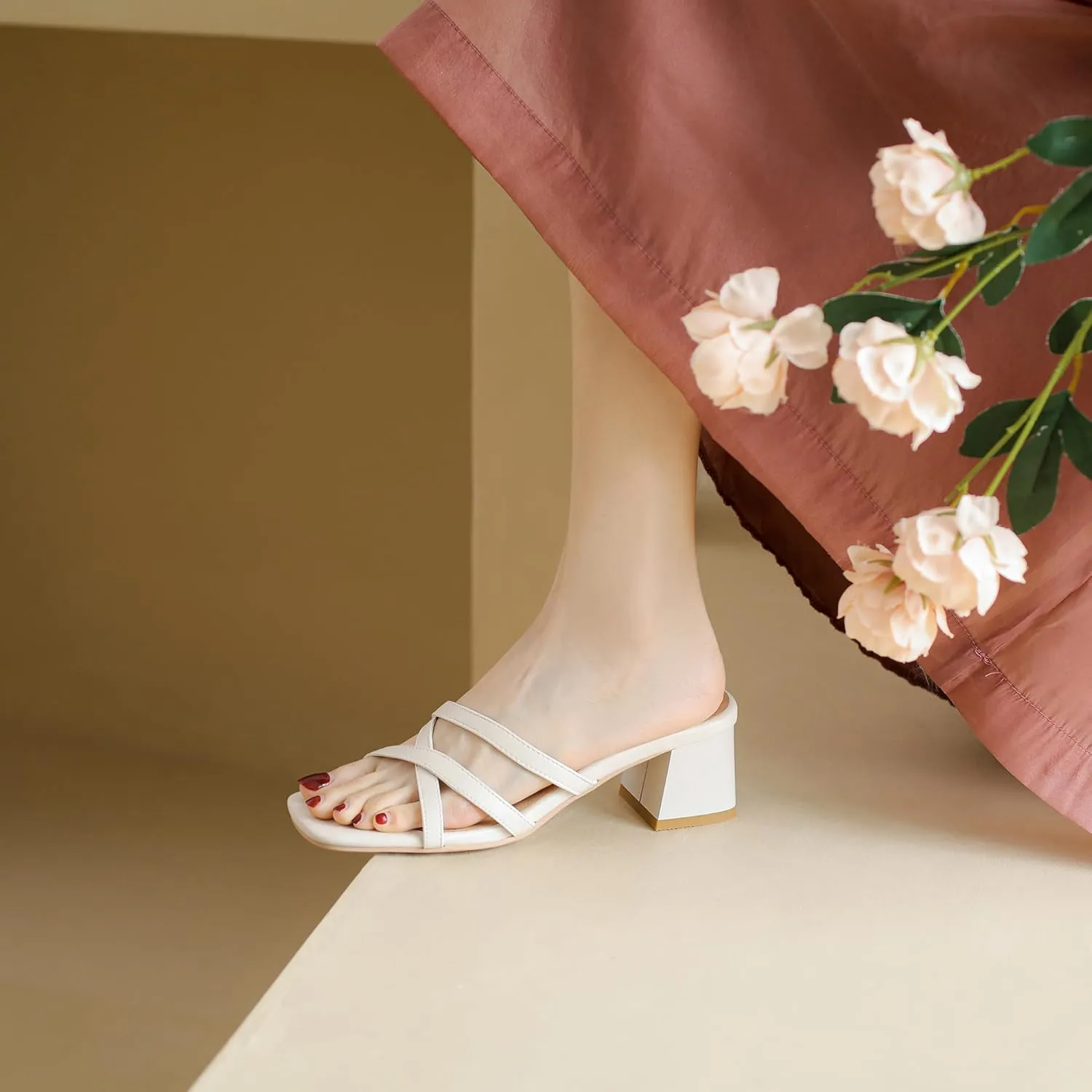 BEAUPAS Square Toe Strappy Heels Chunky Heel Mules Slingback Block Heel Backless Open Toe Slip On Heeled Sandals Slides for Women