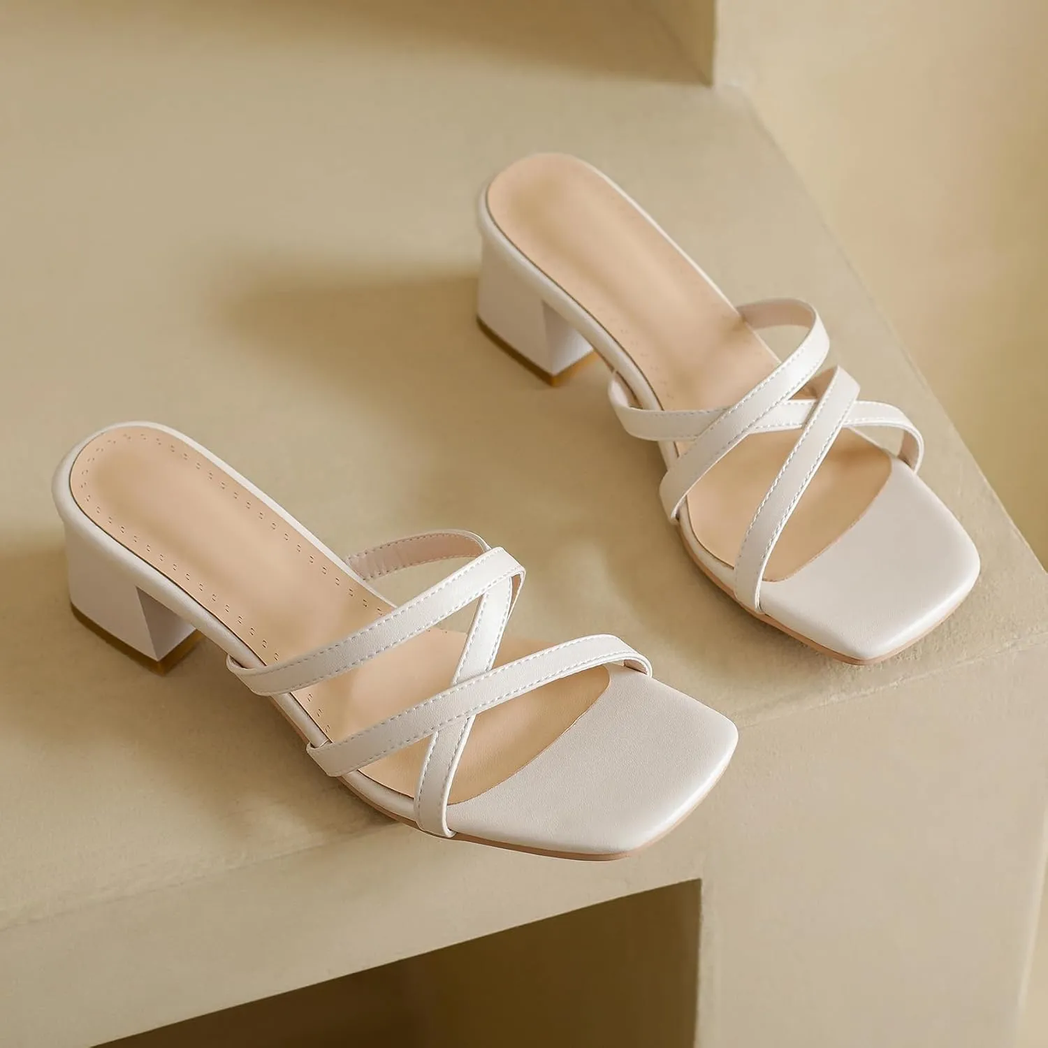 BEAUPAS Square Toe Strappy Heels Chunky Heel Mules Slingback Block Heel Backless Open Toe Slip On Heeled Sandals Slides for Women