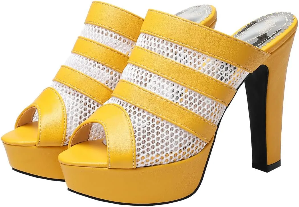 BEAUPAS Women's Platform High Heel Peep Toe Mules Chunky Block Heeled Sandals Mesh Cut Out Open Toe Slippers Shoes