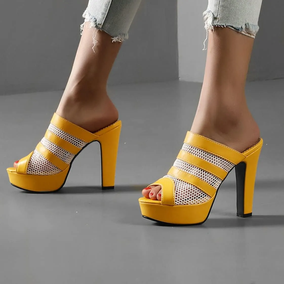 BEAUPAS Women's Platform High Heel Peep Toe Mules Chunky Block Heeled Sandals Mesh Cut Out Open Toe Slippers Shoes