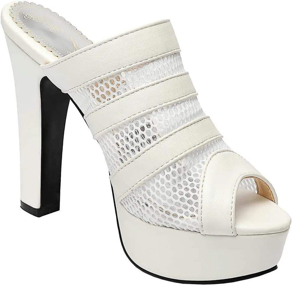 BEAUPAS Women's Platform High Heel Peep Toe Mules Chunky Block Heeled Sandals Mesh Cut Out Open Toe Slippers Shoes