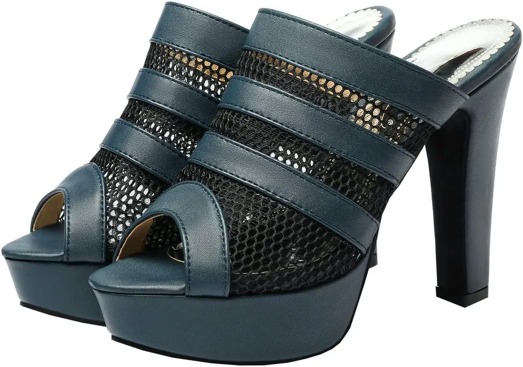 BEAUPAS Women's Platform High Heel Peep Toe Mules Chunky Block Heeled Sandals Mesh Cut Out Open Toe Slippers Shoes