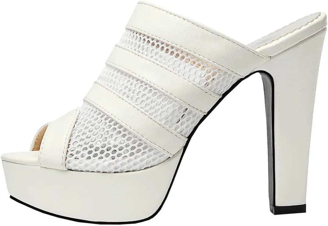 BEAUPAS Women's Platform High Heel Peep Toe Mules Chunky Block Heeled Sandals Mesh Cut Out Open Toe Slippers Shoes