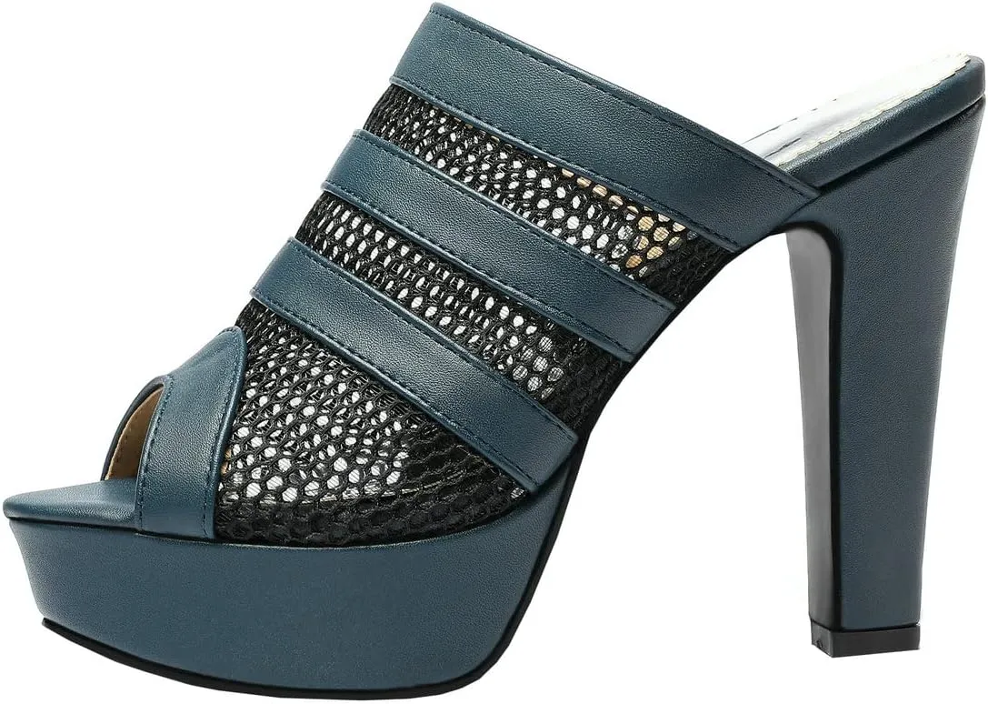 BEAUPAS Women's Platform High Heel Peep Toe Mules Chunky Block Heeled Sandals Mesh Cut Out Open Toe Slippers Shoes