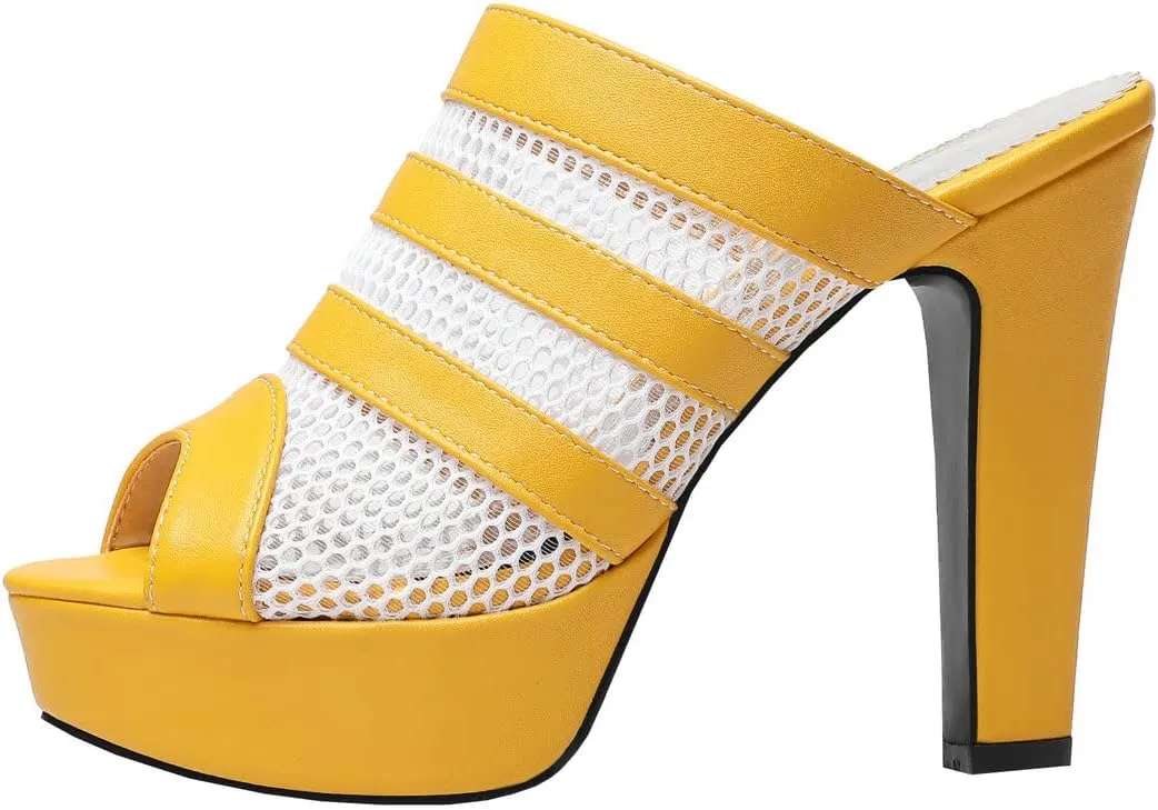 BEAUPAS Women's Platform High Heel Peep Toe Mules Chunky Block Heeled Sandals Mesh Cut Out Open Toe Slippers Shoes