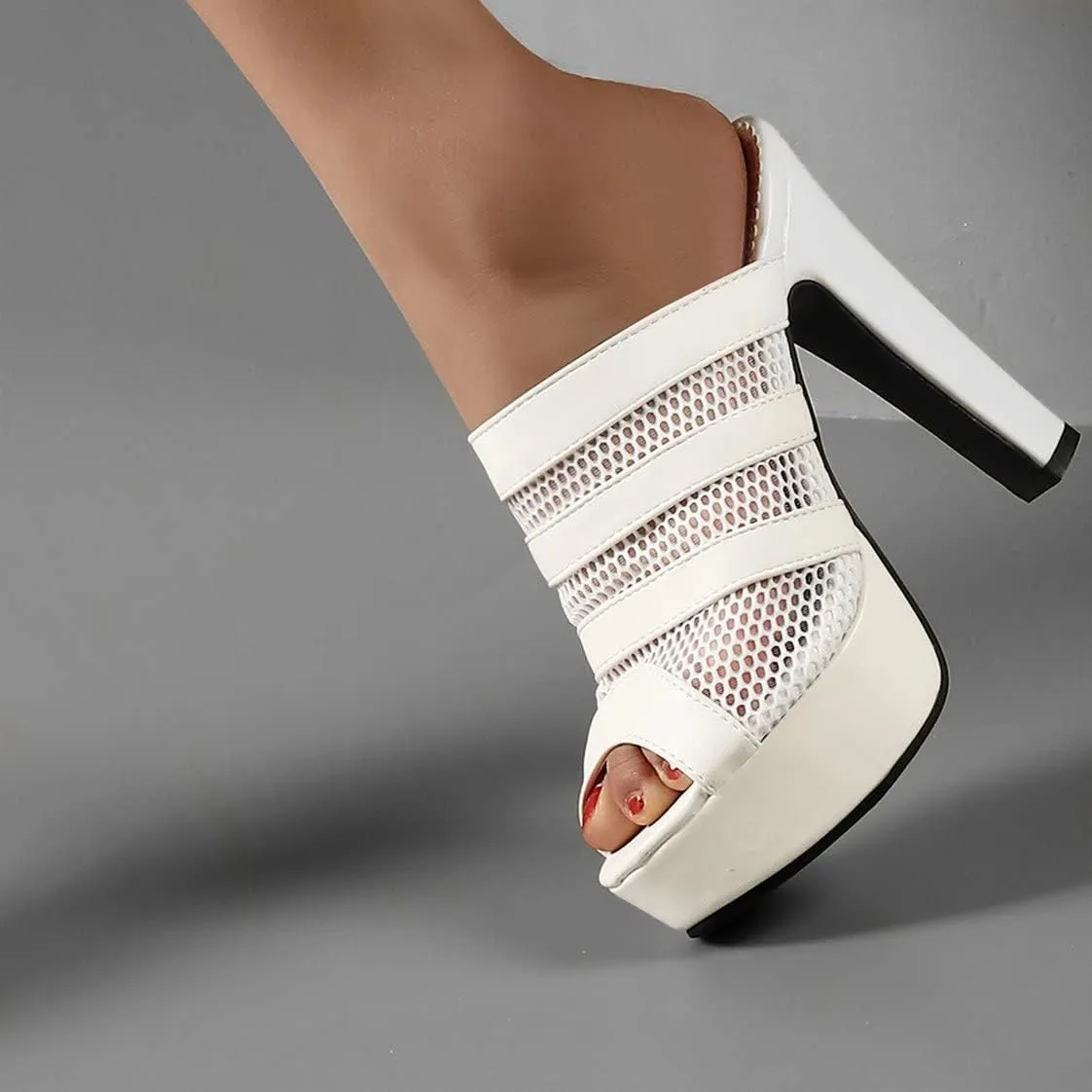 BEAUPAS Women's Platform High Heel Peep Toe Mules Chunky Block Heeled Sandals Mesh Cut Out Open Toe Slippers Shoes