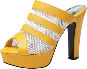 BEAUPAS Women's Platform High Heel Peep Toe Mules Chunky Block Heeled Sandals Mesh Cut Out Open Toe Slippers Shoes