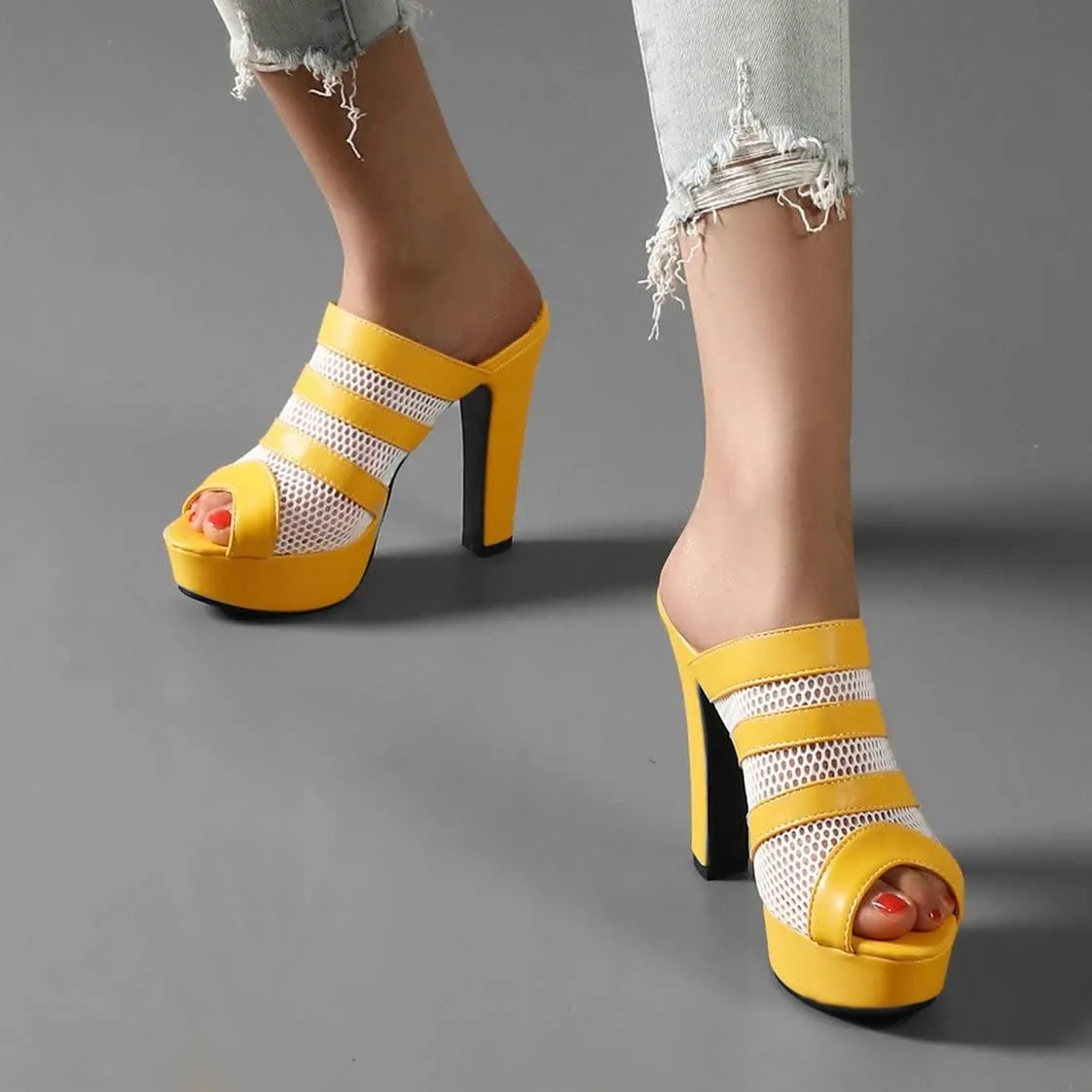 BEAUPAS Women's Platform High Heel Peep Toe Mules Chunky Block Heeled Sandals Mesh Cut Out Open Toe Slippers Shoes