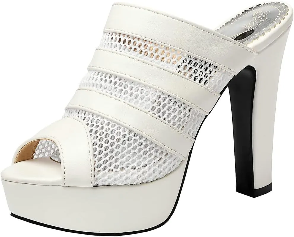 BEAUPAS Women's Platform High Heel Peep Toe Mules Chunky Block Heeled Sandals Mesh Cut Out Open Toe Slippers Shoes