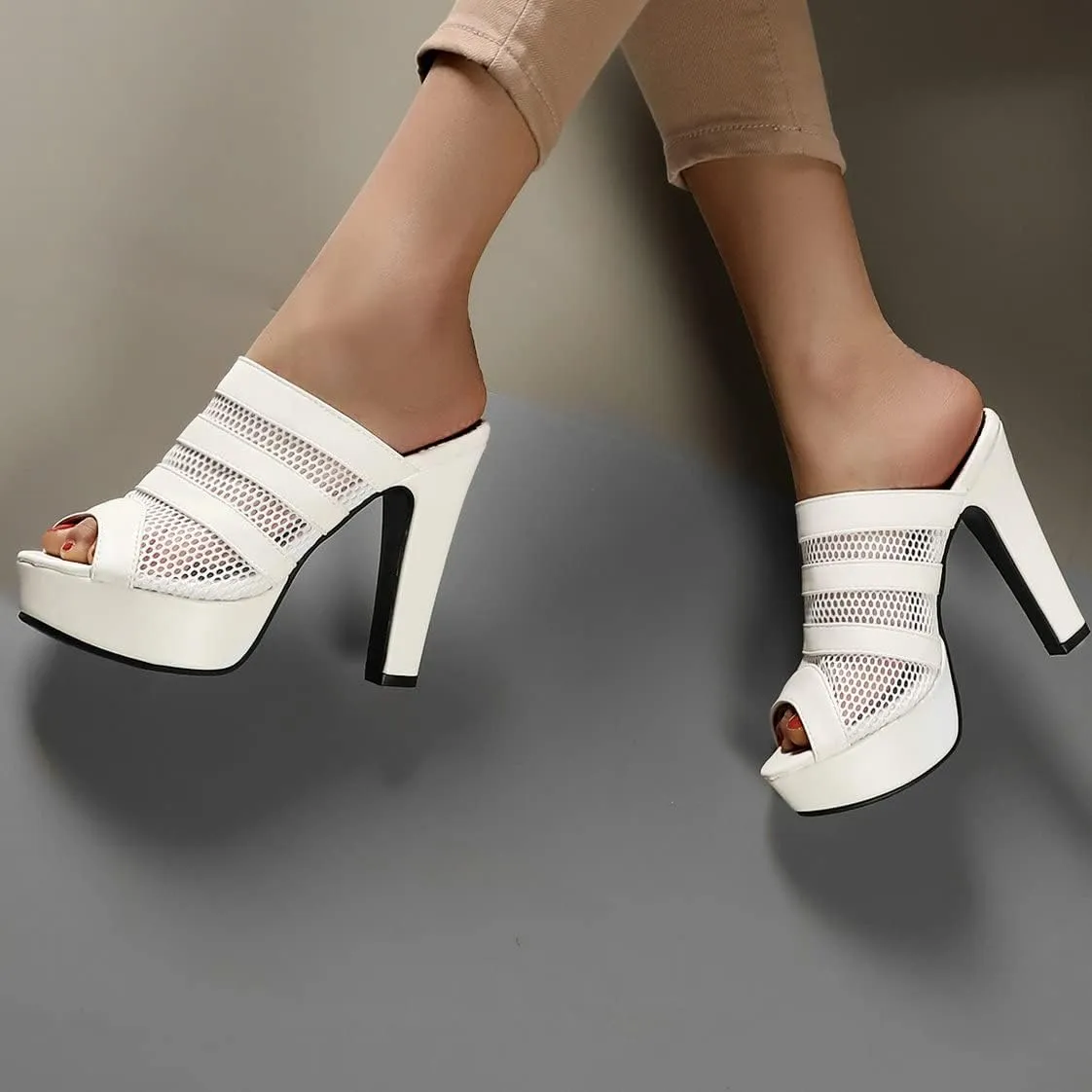 BEAUPAS Women's Platform High Heel Peep Toe Mules Chunky Block Heeled Sandals Mesh Cut Out Open Toe Slippers Shoes