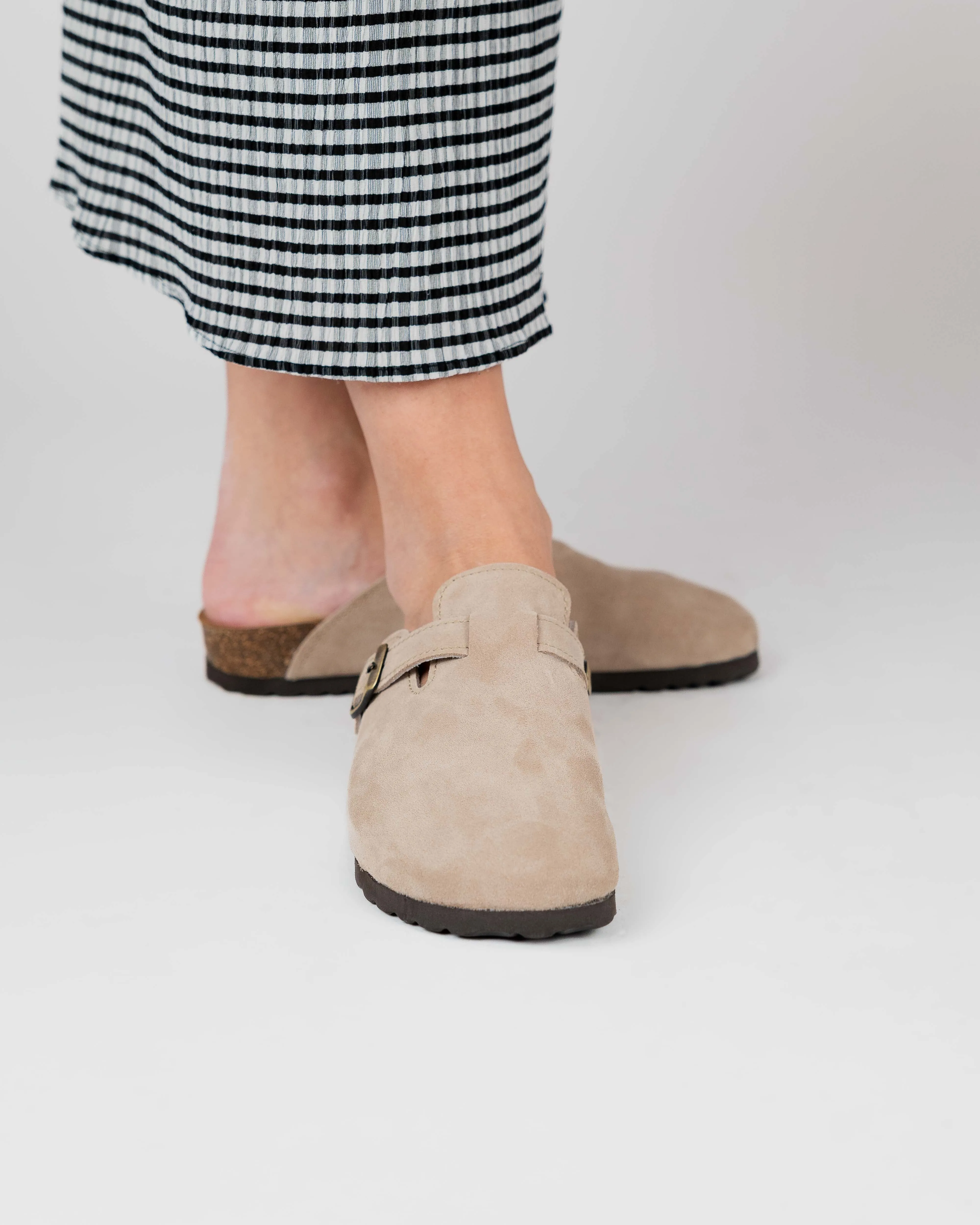 Beige Suede Wide Mules