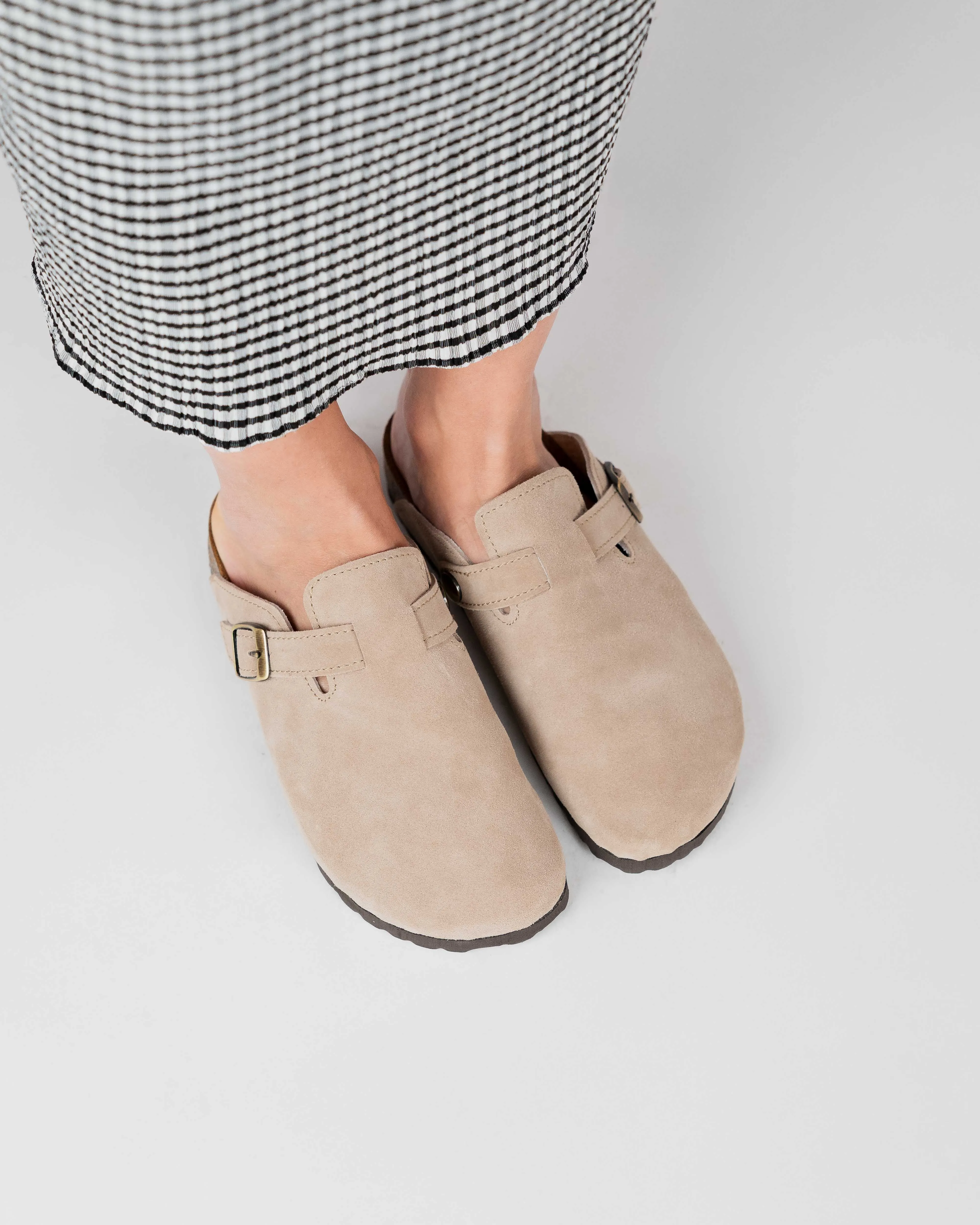 Beige Suede Wide Mules