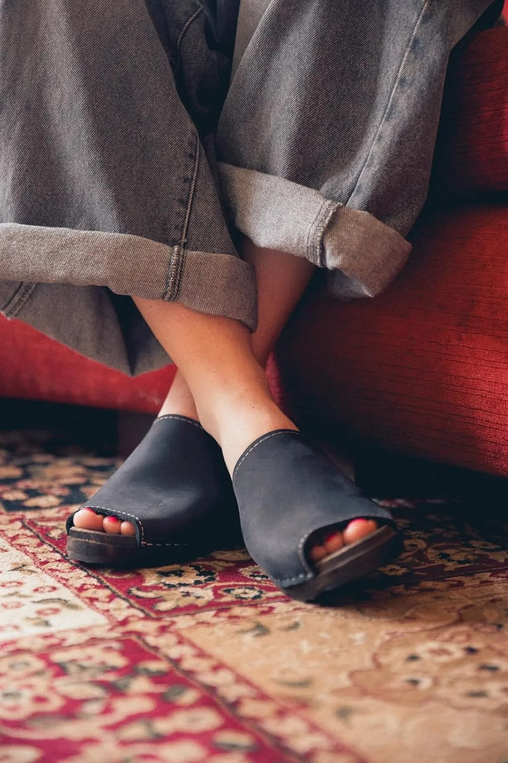 Berit Classic Clog Sandal with Open Toe for Women I Wooden Clog Mules Handcrafted in Sweden with Alder Wood Base and Genuine Oiled Nubuck Leather | Black