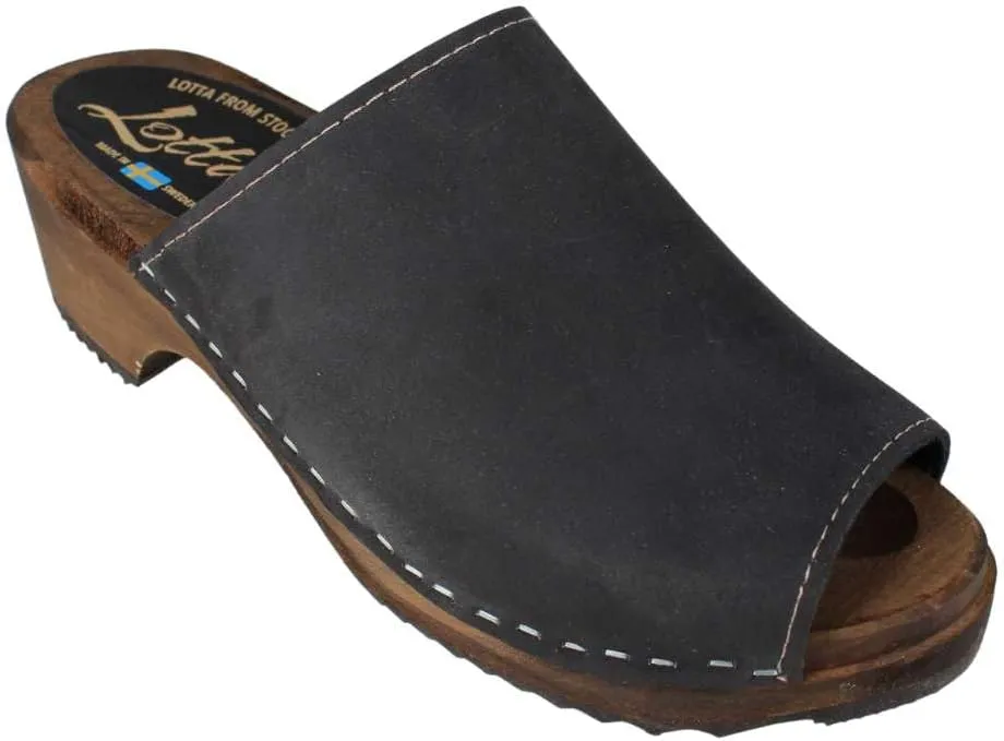 Berit Classic Clog Sandal with Open Toe for Women I Wooden Clog Mules Handcrafted in Sweden with Alder Wood Base and Genuine Oiled Nubuck Leather | Black