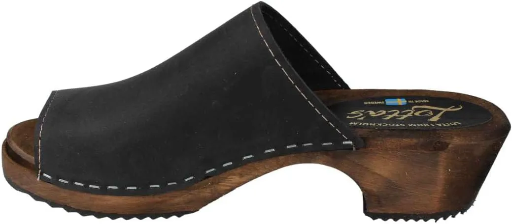 Berit Classic Clog Sandal with Open Toe for Women I Wooden Clog Mules Handcrafted in Sweden with Alder Wood Base and Genuine Oiled Nubuck Leather | Black