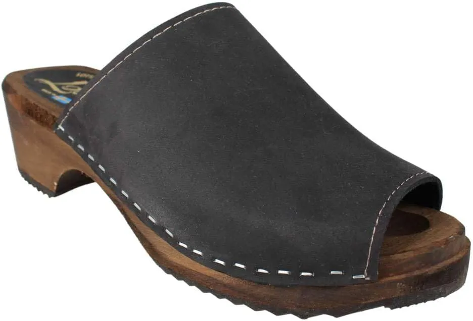 Berit Classic Clog Sandal with Open Toe for Women I Wooden Clog Mules Handcrafted in Sweden with Alder Wood Base and Genuine Oiled Nubuck Leather | Black