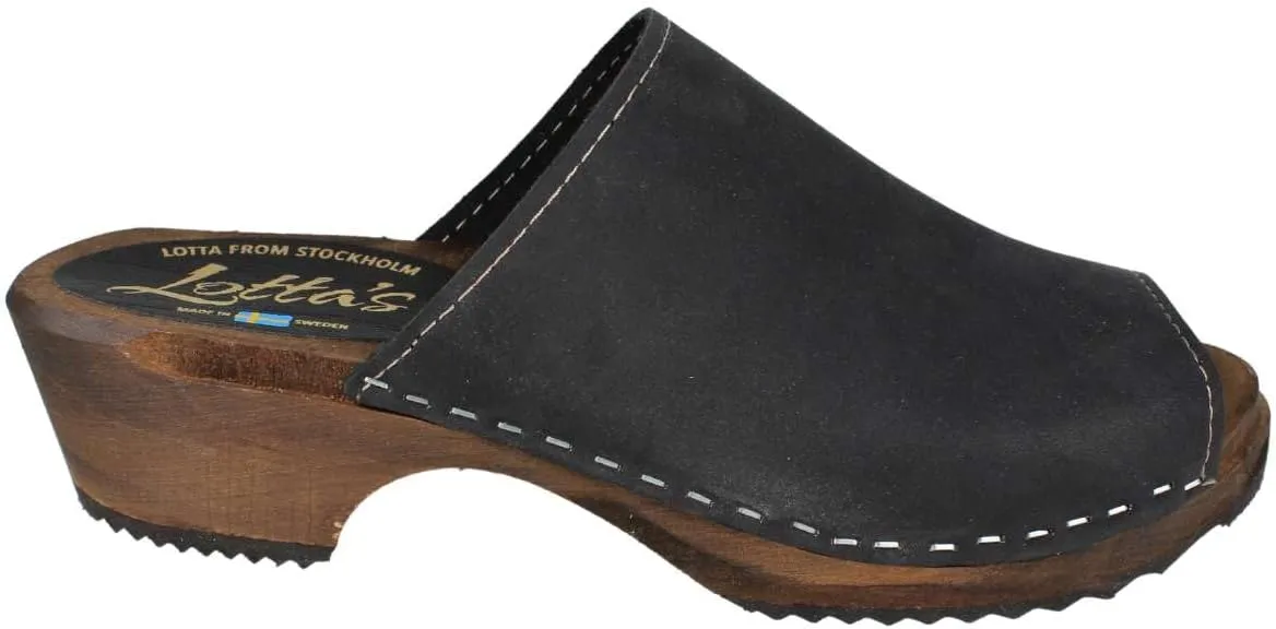 Berit Classic Clog Sandal with Open Toe for Women I Wooden Clog Mules Handcrafted in Sweden with Alder Wood Base and Genuine Oiled Nubuck Leather | Black