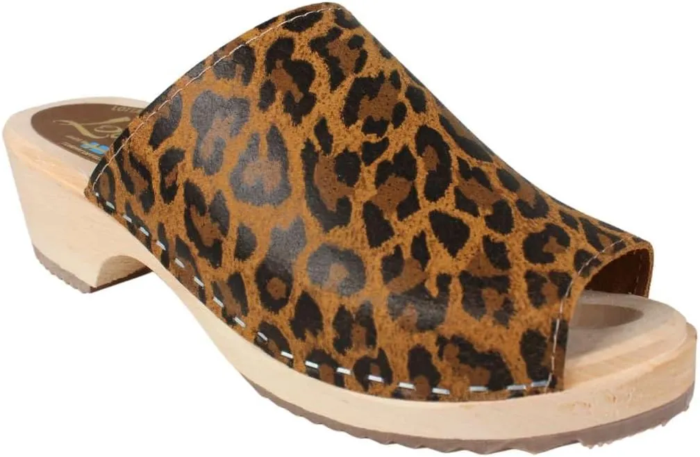 Berit Classic Swedish Clog with Open Toe for Women I Peep Toe Mules Handcrafted in Sweden with Alder Wood Base and Genuine Leather in Leopard Print