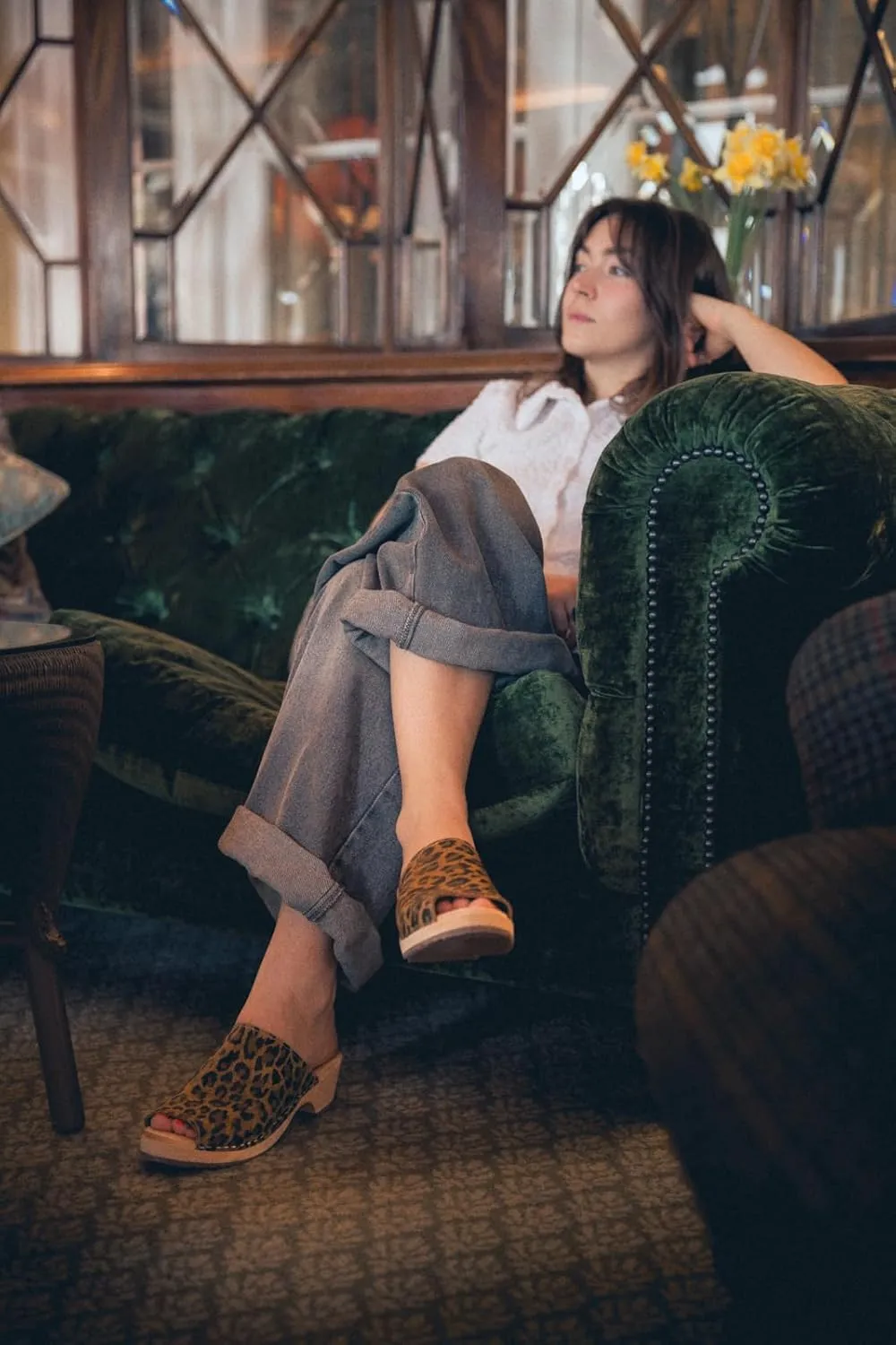 Berit Classic Swedish Clog with Open Toe for Women I Peep Toe Mules Handcrafted in Sweden with Alder Wood Base and Genuine Leather in Leopard Print