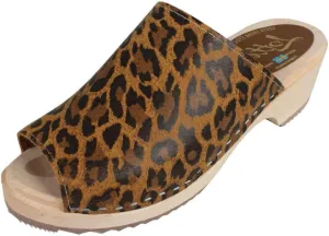 Berit Classic Swedish Clog with Open Toe for Women I Peep Toe Mules Handcrafted in Sweden with Alder Wood Base and Genuine Leather in Leopard Print
