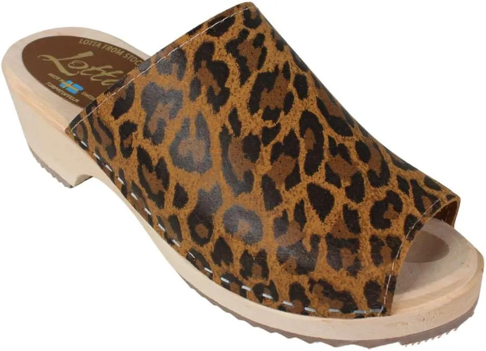 Berit Classic Swedish Clog with Open Toe for Women I Peep Toe Mules Handcrafted in Sweden with Alder Wood Base and Genuine Leather in Leopard Print