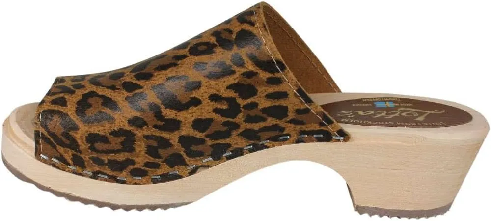 Berit Classic Swedish Clog with Open Toe for Women I Peep Toe Mules Handcrafted in Sweden with Alder Wood Base and Genuine Leather in Leopard Print