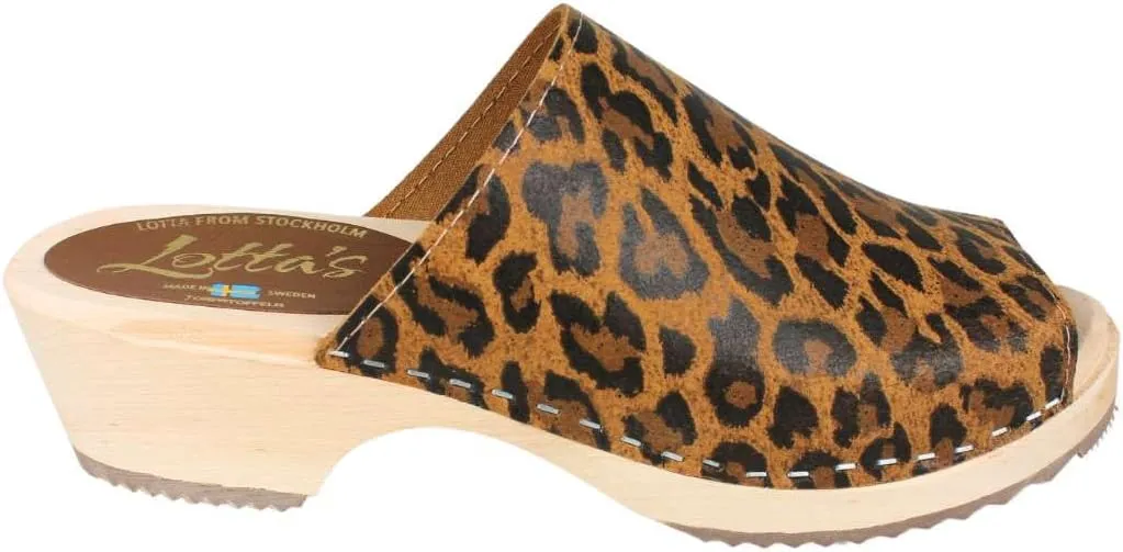 Berit Classic Swedish Clog with Open Toe for Women I Peep Toe Mules Handcrafted in Sweden with Alder Wood Base and Genuine Leather in Leopard Print