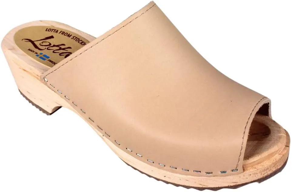 Berit Classic Swedish Clog with Open Toe for Women I Peep Toe Mules Handcrafted in Sweden with Alder Wood Base and Palomino Coloured Genuine Leather