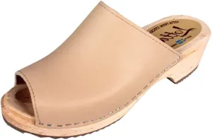 Berit Classic Swedish Clog with Open Toe for Women I Peep Toe Mules Handcrafted in Sweden with Alder Wood Base and Palomino Coloured Genuine Leather