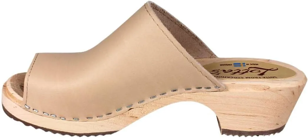 Berit Classic Swedish Clog with Open Toe for Women I Peep Toe Mules Handcrafted in Sweden with Alder Wood Base and Palomino Coloured Genuine Leather