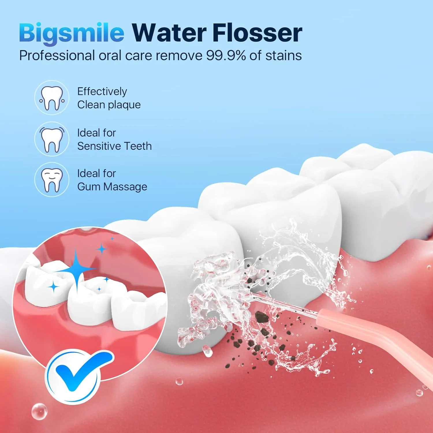 Bigsmile Pink Water Flosser Powerful Cordless Dental Irrigator for Kid Braces Travel Shower to Help Prevent Infections and Bad Breath Pick Floss IPX7 200ML (Pink)