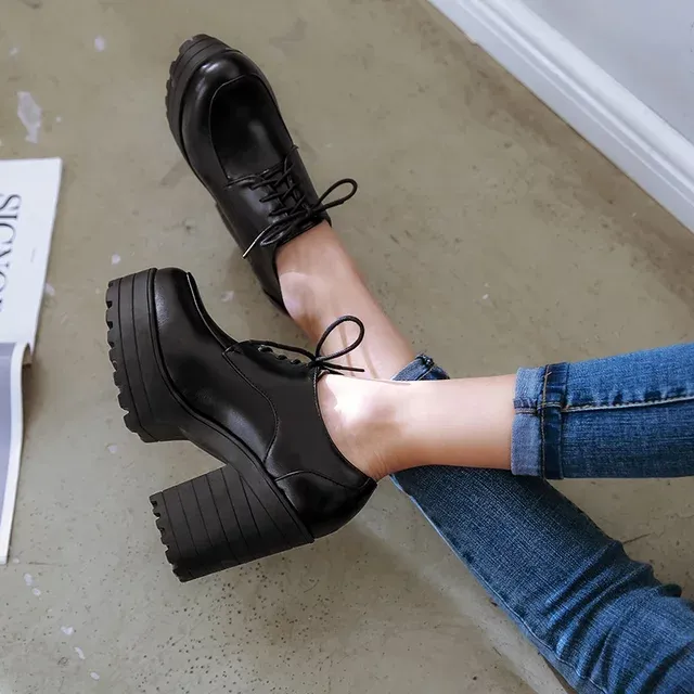 Black Lace up Platform Oxford Heels