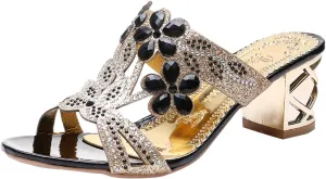 Block Heels for Women Open Toe Mid Heel Sandals Wedding Rhinestone Flower Sandal Summer Block Mid Heels Shoes 2025