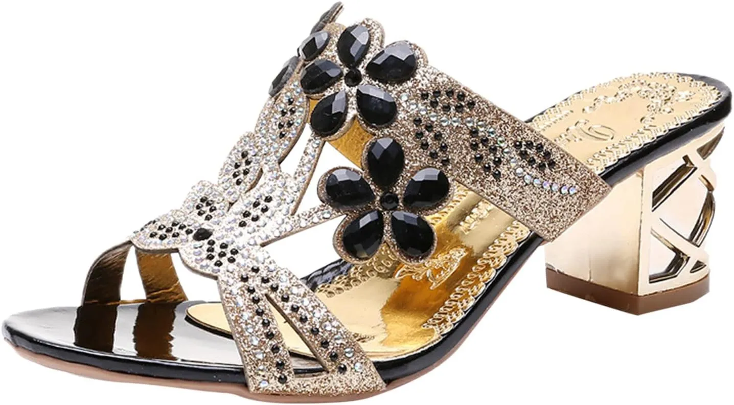 Block Heels for Women Open Toe Mid Heel Sandals Wedding Rhinestone Flower Sandal Summer Block Mid Heels Shoes 2025
