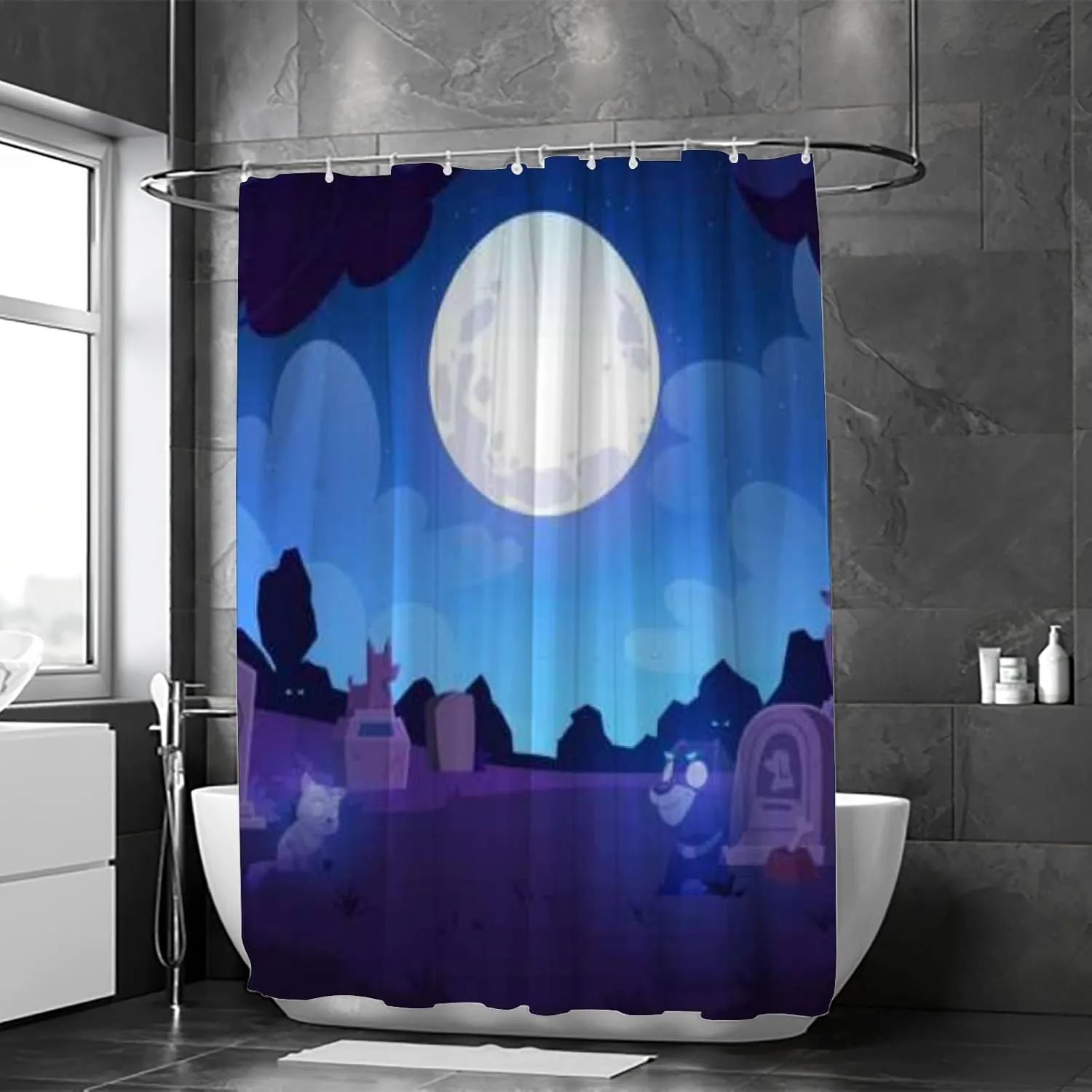 Blue Vintage Animal Graveyard Tombstones Shower Curtain Set Machine Washable Waterproof Shower Curtains for Bathroom, with 12 Rust-Proof Hooks,66 x 72 Inch