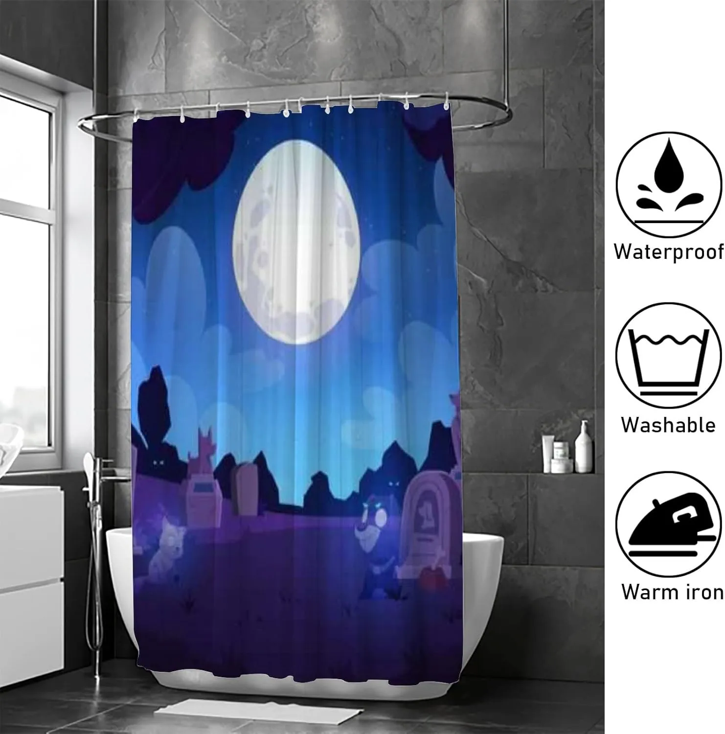 Blue Vintage Animal Graveyard Tombstones Shower Curtain Set Machine Washable Waterproof Shower Curtains for Bathroom, with 12 Rust-Proof Hooks,66 x 72 Inch
