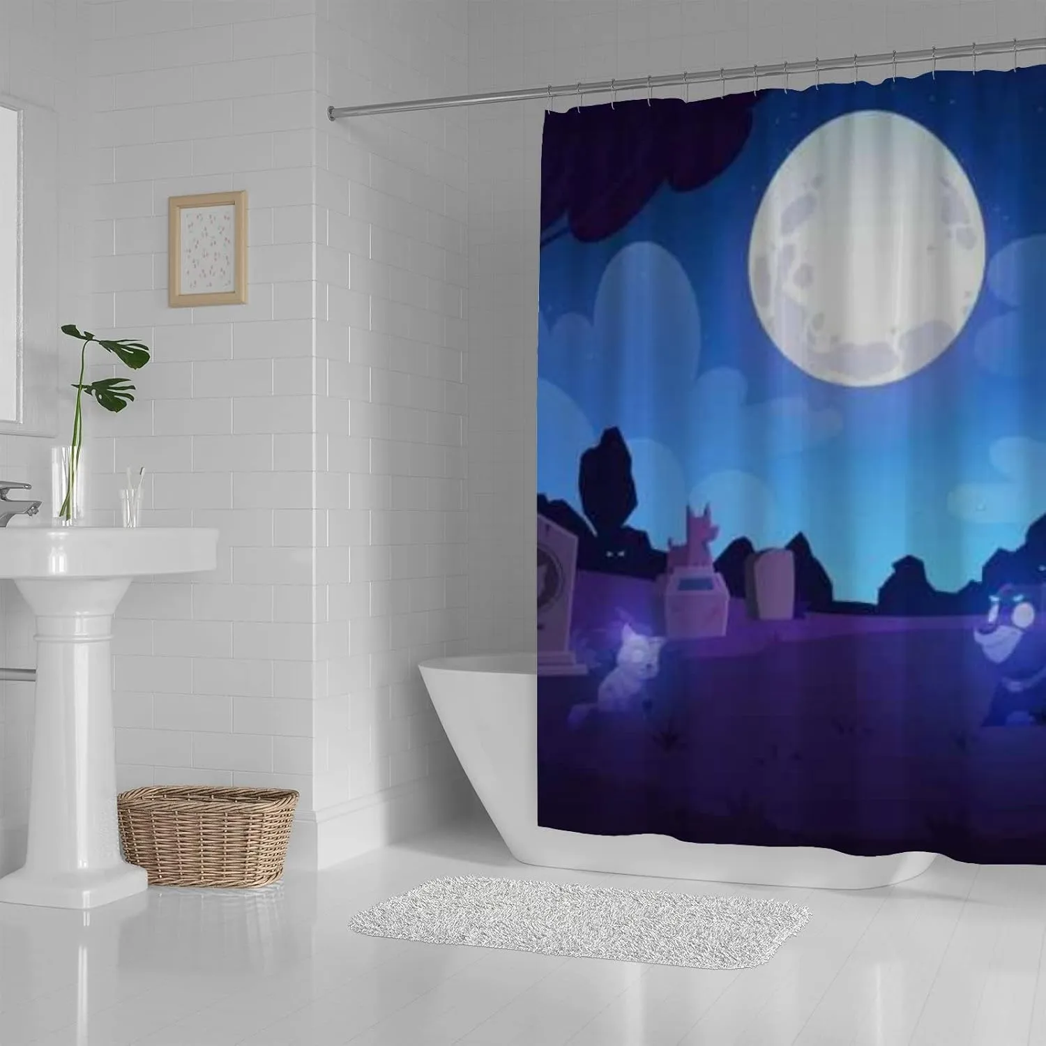 Blue Vintage Animal Graveyard Tombstones Shower Curtain Set Machine Washable Waterproof Shower Curtains for Bathroom, with 12 Rust-Proof Hooks,66 x 72 Inch