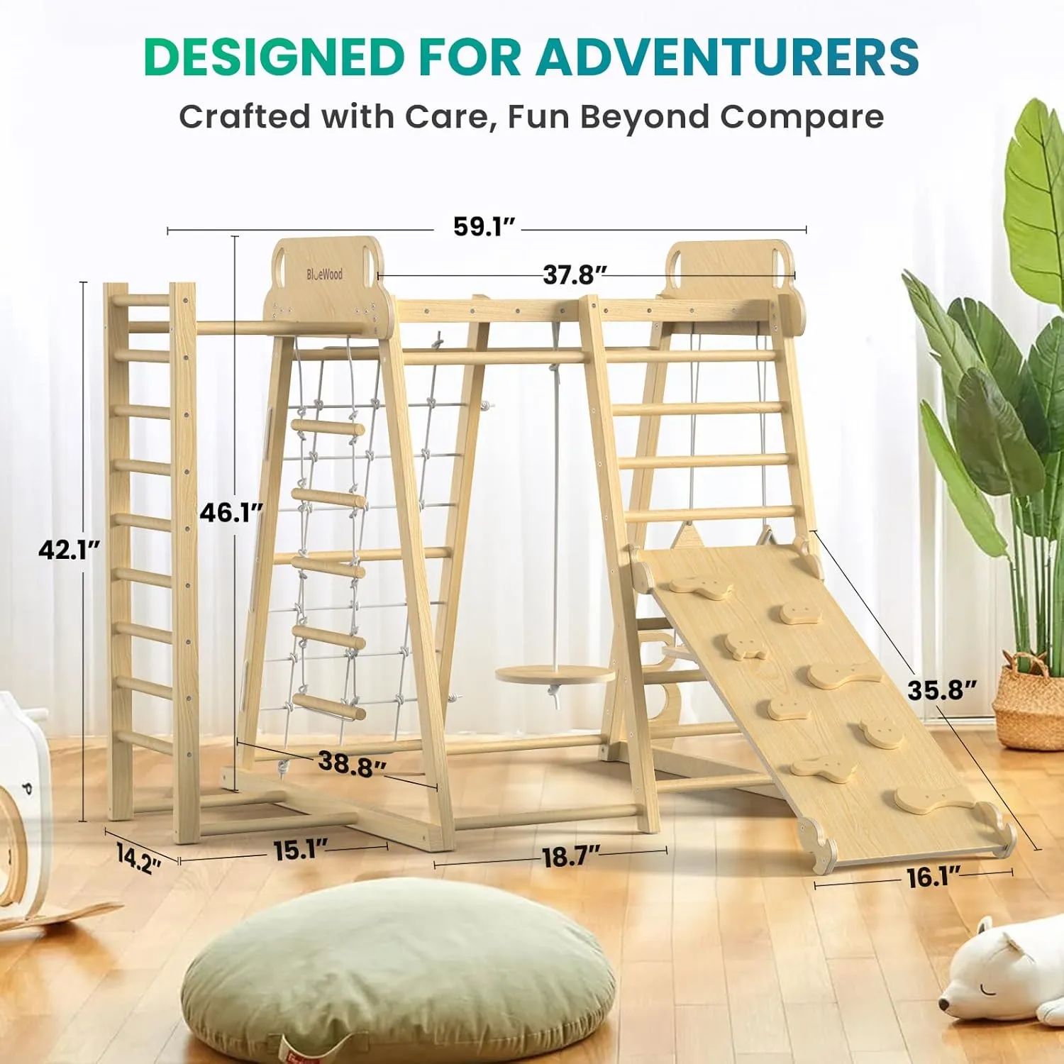 BlueWood Upgraded Indoor Playground 9-in-1 Jungle Gym Kids Climbing Toys, Waldorf Style Wooden Climber Playset with Slide, Swing, Monkey Bars, Upright/Rope Ladder, Climb Net, Natural Wood