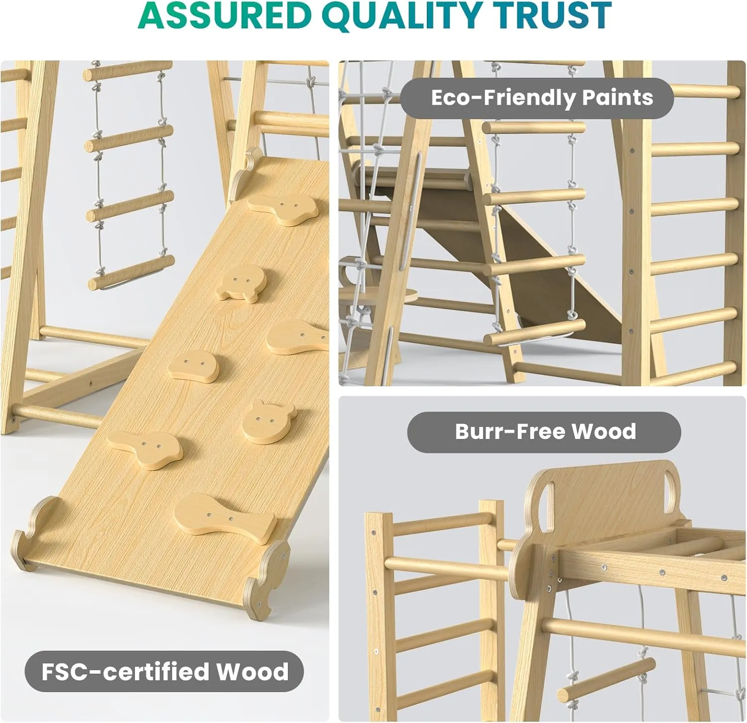 BlueWood Upgraded Indoor Playground 9-in-1 Jungle Gym Kids Climbing Toys, Waldorf Style Wooden Climber Playset with Slide, Swing, Monkey Bars, Upright/Rope Ladder, Climb Net, Natural Wood