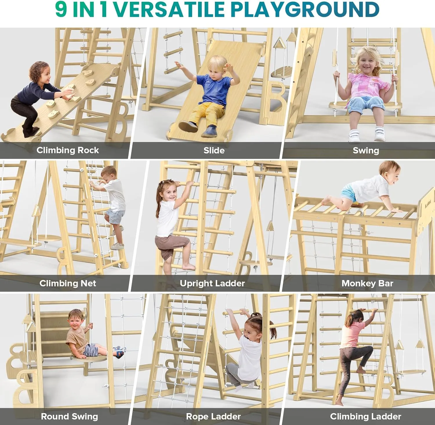 BlueWood Upgraded Indoor Playground 9-in-1 Jungle Gym Kids Climbing Toys, Waldorf Style Wooden Climber Playset with Slide, Swing, Monkey Bars, Upright/Rope Ladder, Climb Net, Natural Wood