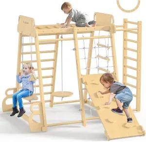 BlueWood Upgraded Indoor Playground 9-in-1 Jungle Gym Kids Climbing Toys, Waldorf Style Wooden Climber Playset with Slide, Swing, Monkey Bars, Upright/Rope Ladder, Climb Net, Natural Wood