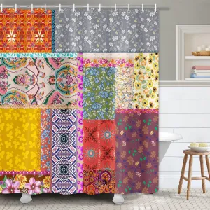 Boho Cute Patchwork Shower Curtains for Bathroom, Bohemian Vintage Style Stitching Colorful Floral Vintage Retro Flower Farmhouse Shower Curtains Bathtubs Fabric Curtain Set Decor with 12 Hook 72X84