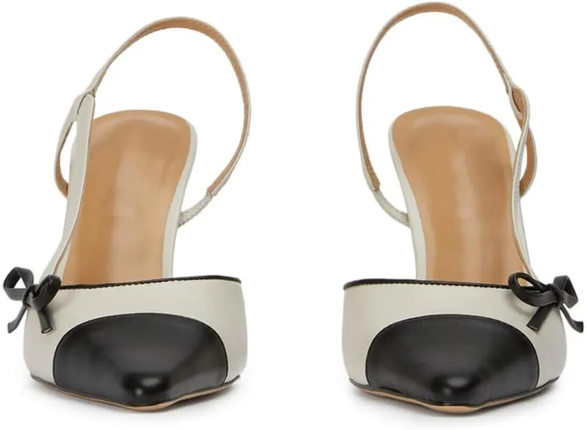Bows Slingback Heels for Women Vintage Pointed Toe Patchwork Kitten Heels Backless Stiletto Heel Mules Sandals