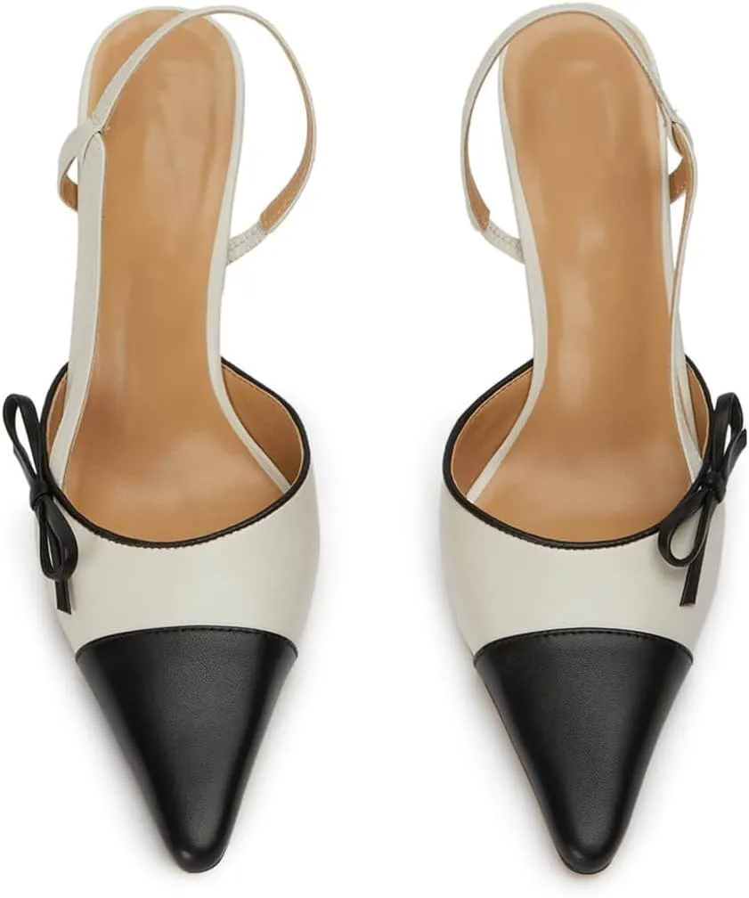 Bows Slingback Heels for Women Vintage Pointed Toe Patchwork Kitten Heels Backless Stiletto Heel Mules Sandals