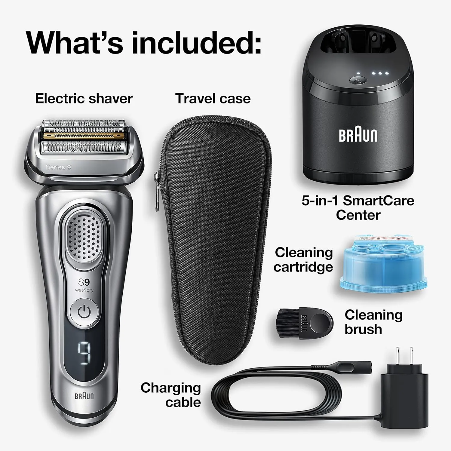 Braun Electric Razor for Men With Precision Beard Trimmer, Rechargeable, Wet & Dry Foil Shaver, Clean & Charge Station & Travel Case, Silver, 3 Piece Set